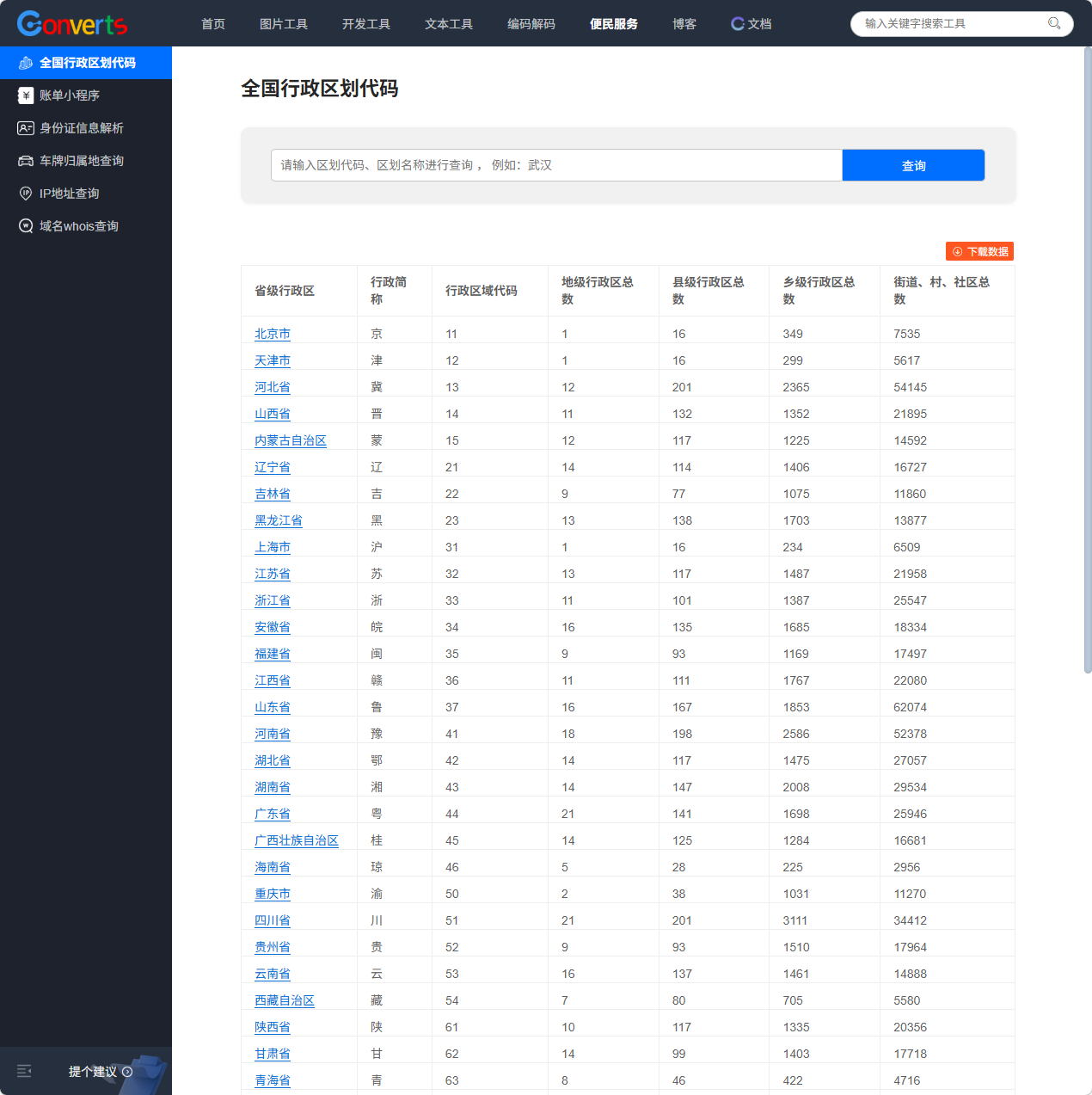 全国行政区划代码查询