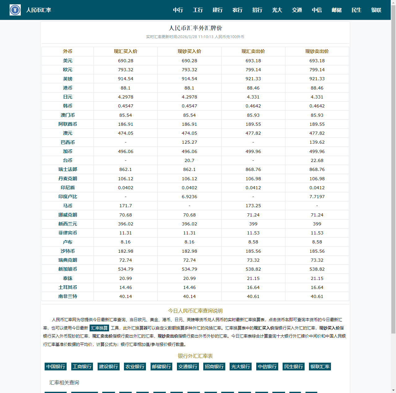 人民币汇率查询